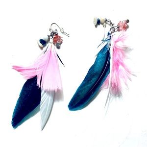 Handmade Pink Midnight Blue Bohemian Feather Earrings